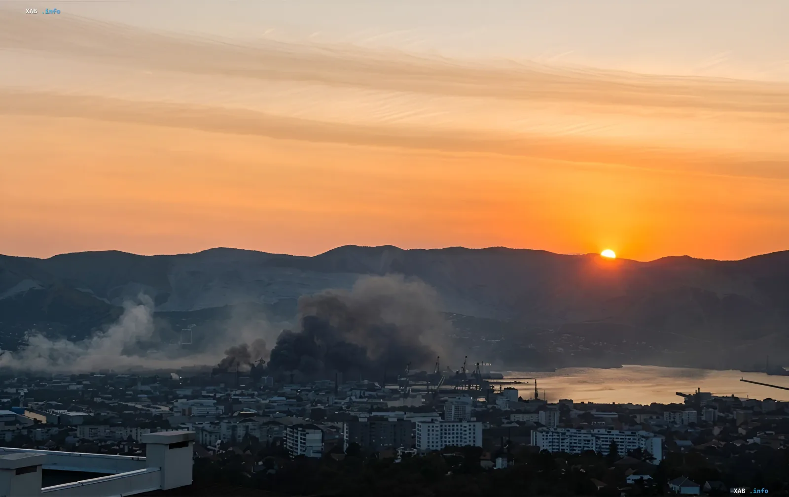 Noworossijsk in Flammen: dicker schwarzer Rauch steigt über die Stadt bei Sonnenuntergang nach einem nächtlichen Angriff der ukrainischen Streitkräfte