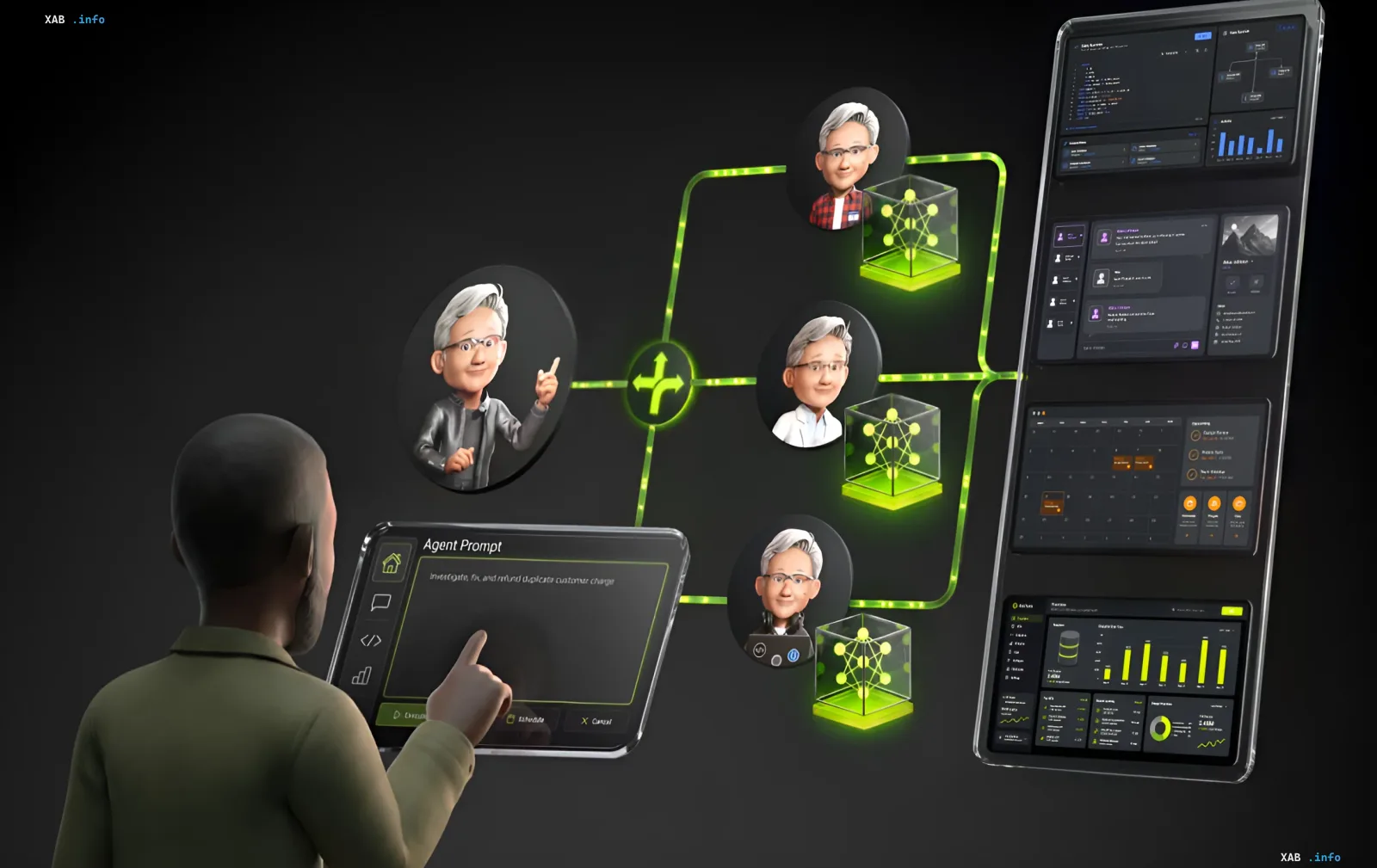 Визуализация работы ИИ-агентов NVIDIA Nemotron 3.5 Lightning: пользователь управляет несколькими цифровыми ассистентами через интерфейс на одном устройстве