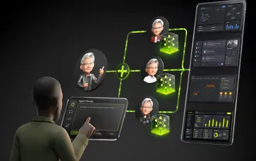 Визуализация работы ИИ-агентов NVIDIA Nemotron 3.5 Lightning: пользователь управляет несколькими цифровыми ассистентами через интерфейс на одном устройстве