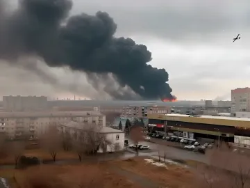 Огромный столб черного дыма над Орским НПЗ после атаки БПЛА, видны пожары и разрушения
