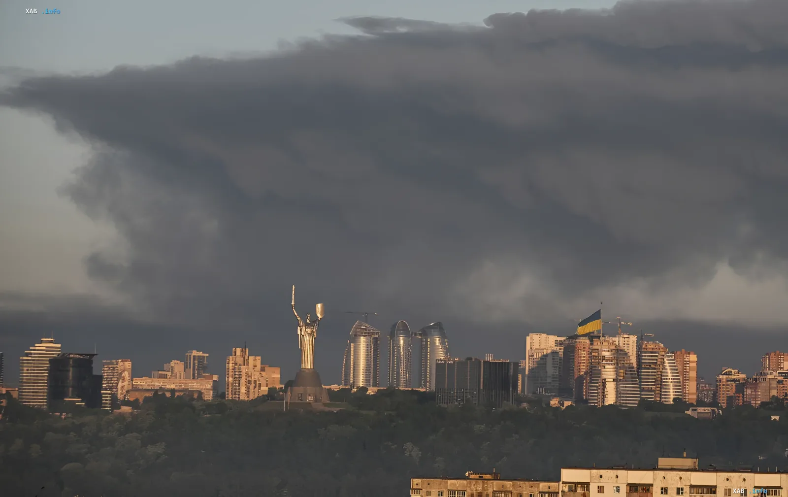 Panorama of Kyiv with the Motherland Monument against storm clouds, symbolizing the threat of new Russian attacks on energy infrastructure