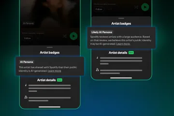 Интерфейс Spotify с новыми бейджами 'AI Persona' и 'Likely AI Persona', показывающими, как платформа маркирует ИИ-артистов