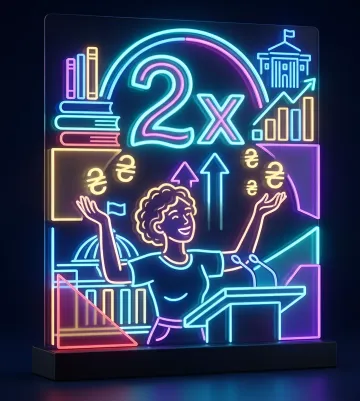 Neon illustration with '2x' text, student at podium, euro symbols and rising graph — visualizing doubled scholarships in Ukraine starting September 1