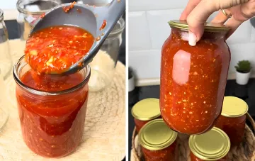 Процесс заготовки сырой аджики без варки: наполнение стеклянных банок острой пастой и закатка крышками для хранения на зиму
