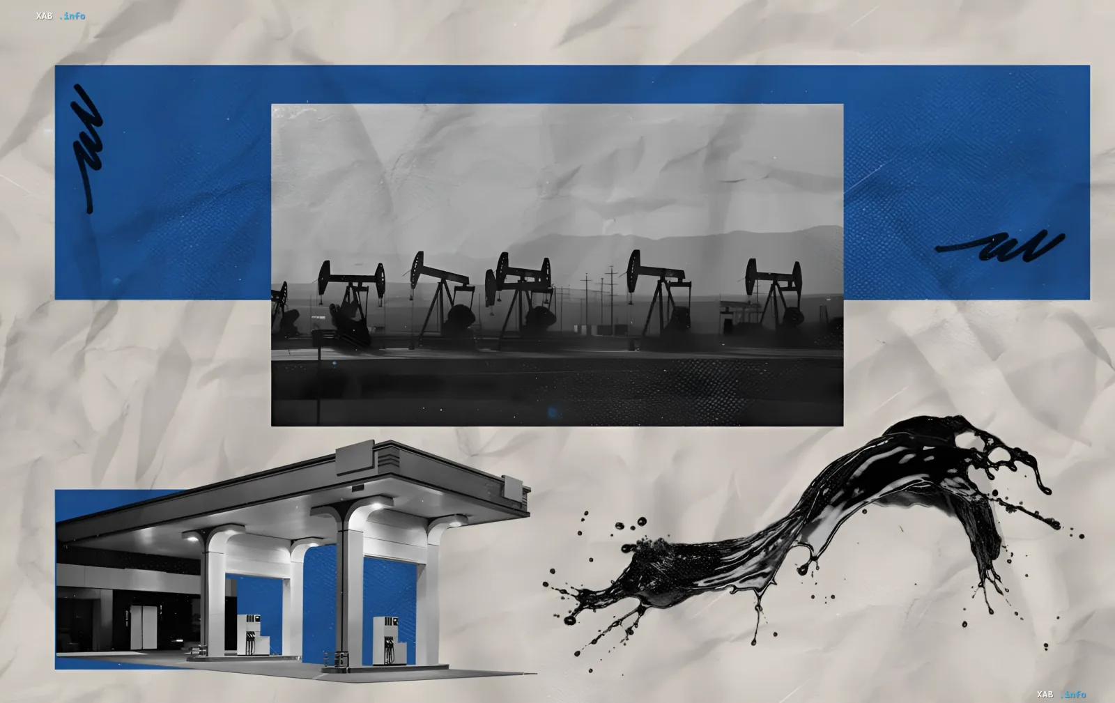Коллаж с нефтяными вышками, заправочной станцией и брызгами черного масла — визуализация темы цен на топливо в Украине на 12 августа 2026 года
