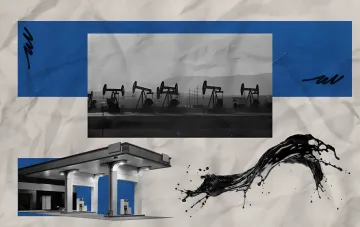 Коллаж с нефтяными вышками, заправочной станцией и брызгами черного масла — визуализация темы цен на топливо в Украине на 12 августа 2026 года