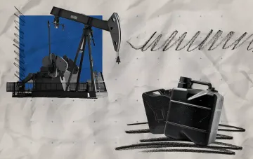 Насосная установка для добычи нефти и черные канистры на фоне текстуры бумаги, иллюстрирующие тему дизельного топлива и его запасов.