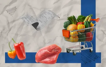 Товары в тележке и на фоне флага Украины: овощи, мясо, чек — иллюстрация к обзору цен в украинских супермаркетах 12 августа 2026