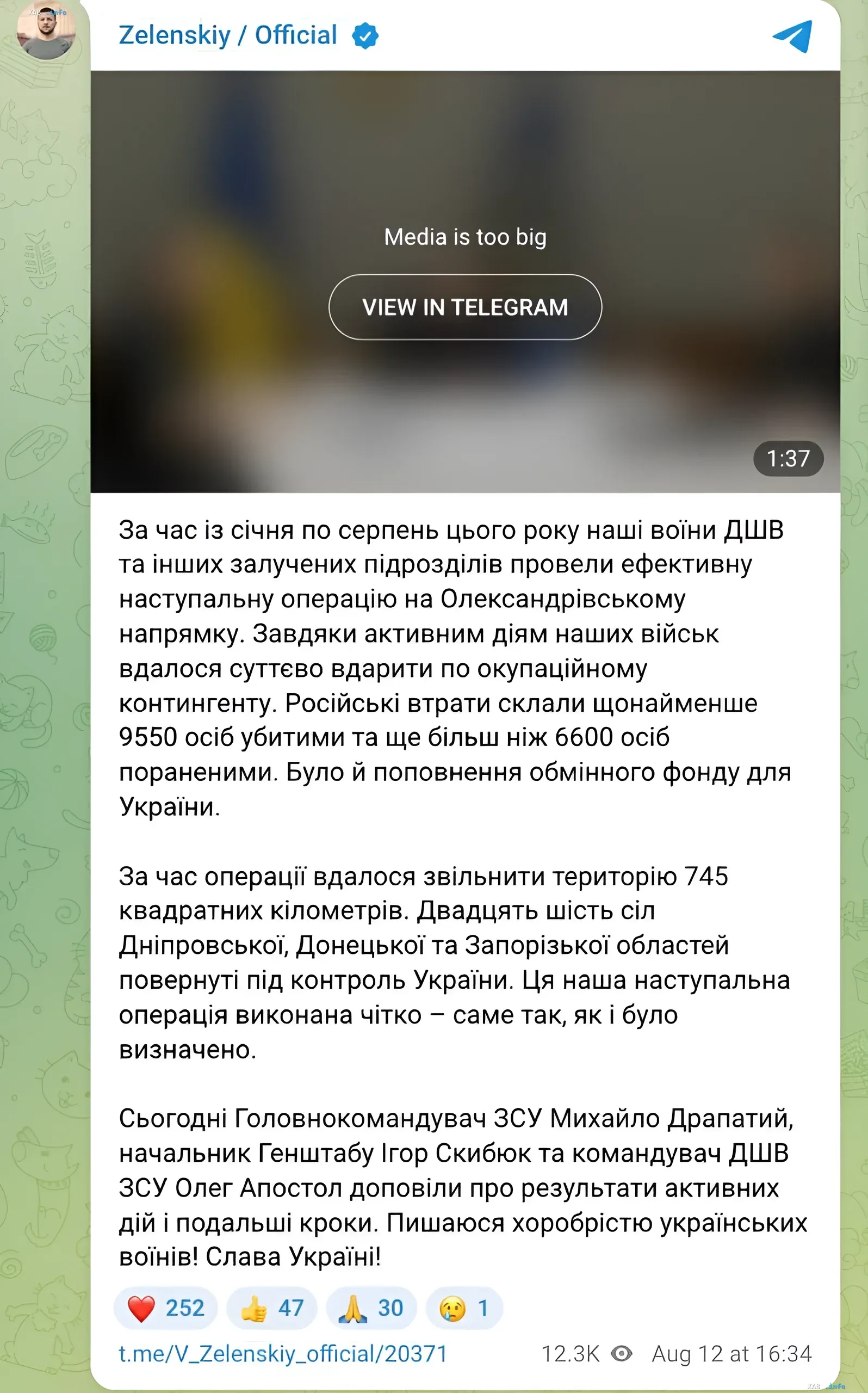 Официальное заявление Зеленского об успехах на Александровском направлении Скриншот официального Telegram-канала Зеленского с заявлением о завершении наступательной операции на Александровском направлении, освобождении 745 кв. км и потерях противника