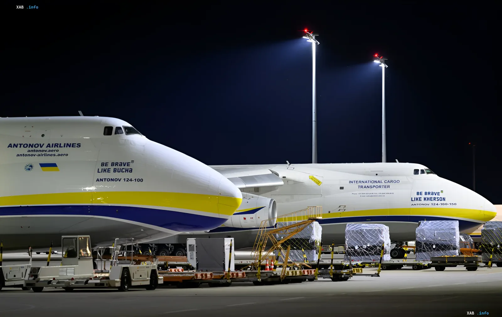 Antonov Airlines An-124 aircraft at Leipzig airport, including planes with "Be Brave Like Bucha" and "Be Brave Like Kherson" slogans, in the context of the cargo terminal attack