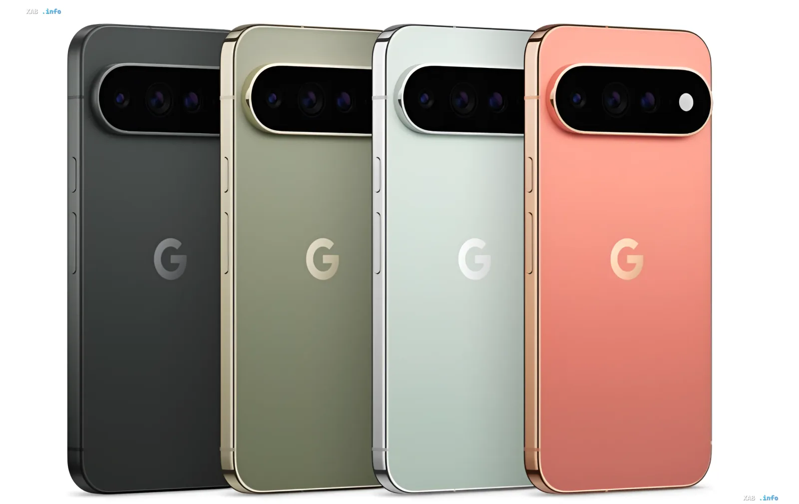 Four Google Pixel 11 smartphones in different colors: black, olive, mint, and peach, showcasing the new design with triple camera and G logo