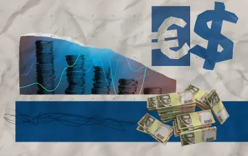 Коллаж с графиками курсов валют, стопками монет, купюрами в 500 гривен и символами доллара и евро, иллюстрирующий анализ курсов валют в украинских банках на 13 августа 2026 года.