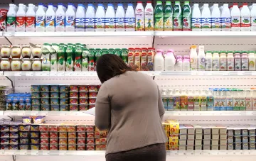 Покупательница в супермаркете перед полками с молочной продукцией — иллюстрация к статье о логистическом коллапсе 2026 года и исчезновении товаров с полок Сильпо и Фора