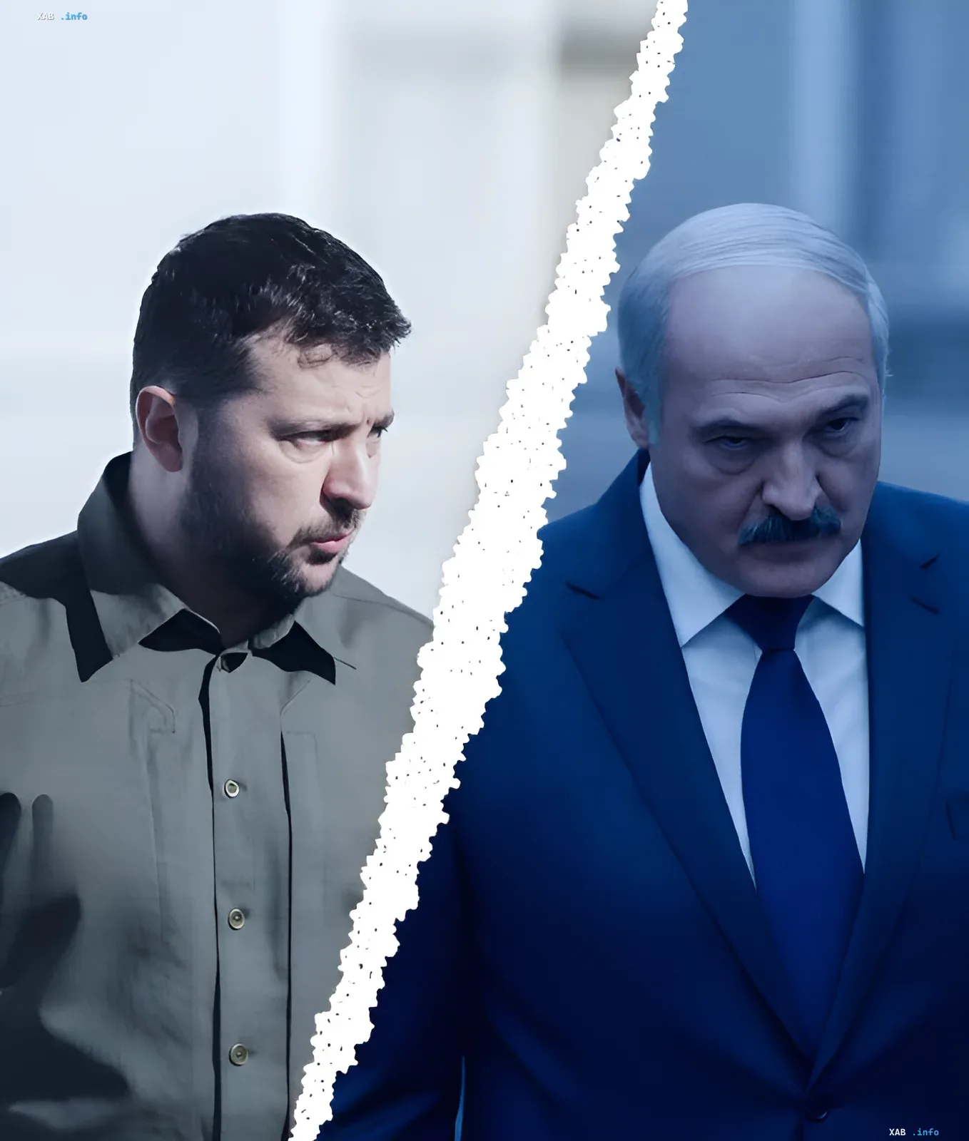 Владимир Зеленский и Александр Лукашенко разделены символом разрыва, символизирующим напряженность и возможность встречи ради спасения жизней