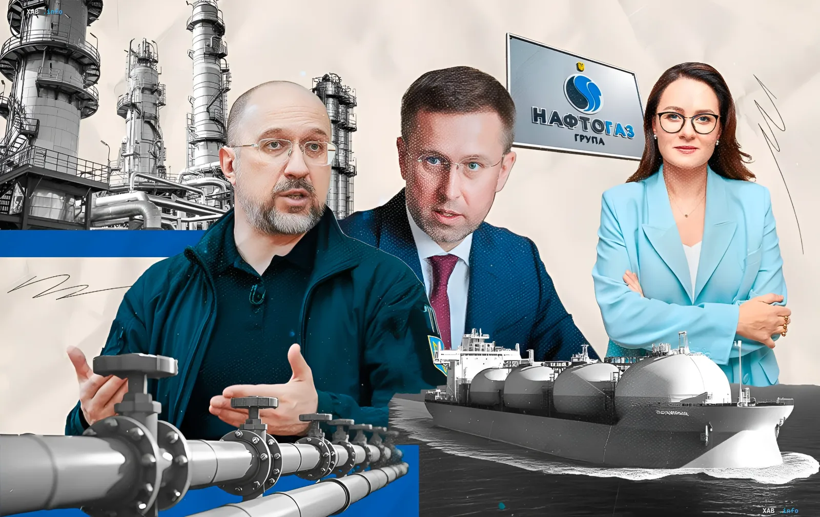 Коллаж с ключевыми фигурами «Нафтогаза», газовыми трубами, танкером и заводом — символы импорта газа в условиях кризиса 2026