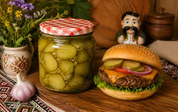 Glass jar of homemade pickles and a delicious burger with pickles on a wooden board