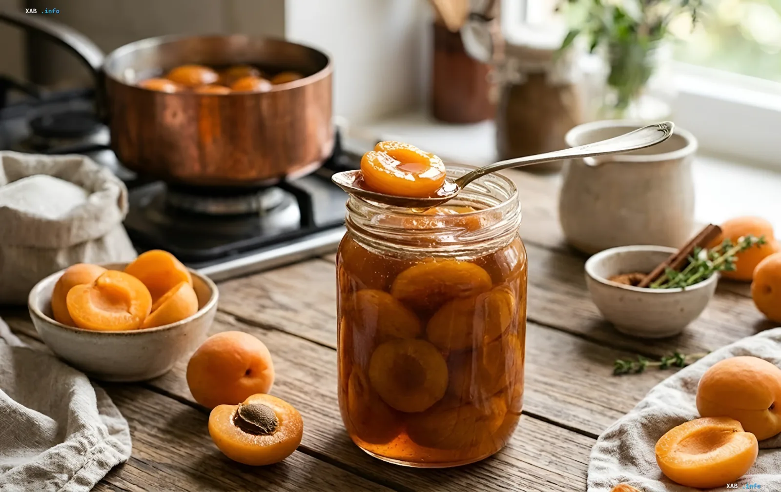 Glass jar of apricot jam with whole halves in amber syrup, spoon lifting a glistening piece, fresh apricots and copper pot on rustic wooden table