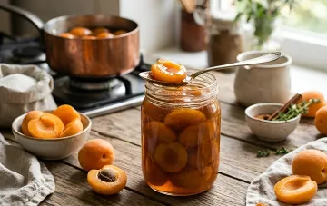 Glass jar of apricot jam with whole halves in amber syrup, spoon lifting a glistening piece, fresh apricots and copper pot on rustic wooden table