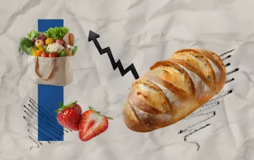 Rising food prices: bread and vegetables in a grocery bag, upward arrow symbolizing inflation in Ukrainian supermarkets