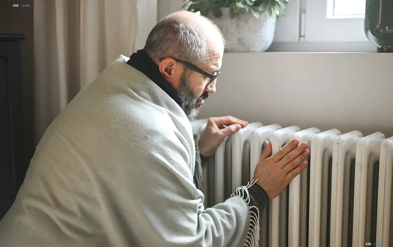 Man wrapped in a blanket warming his hands by a radiator, symbolizing the importance of supporting Ukraine's energy system before winter