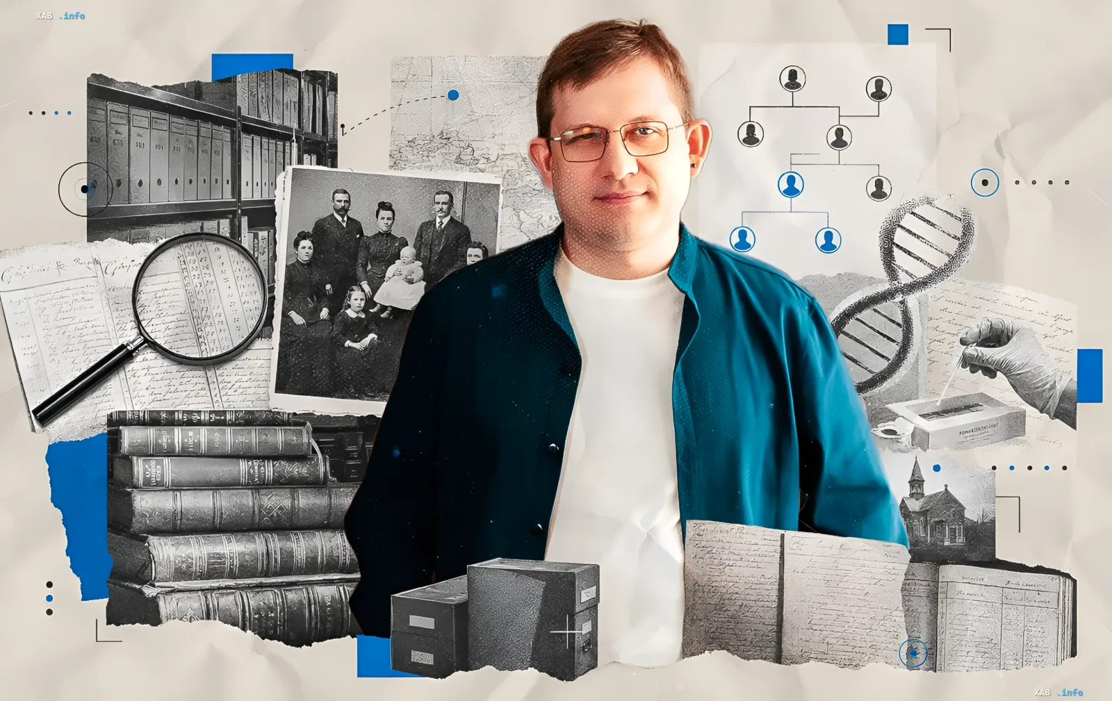 Генеалог с ДНК-тестом на фоне старинных документов, семейных фотографий и родословного древа — визуализация темы ДНК-генеалогии