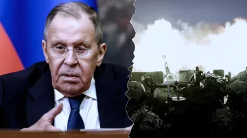 Сергей Лавров на фоне российского флага и артиллерийского огня — жесткая позиция Москвы по перемирию