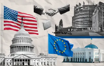 Коллаж, иллюстрирующий лоббизм в США и ЕС: Капитолий США, флаг ЕС, рукопожатие и здание парламента Украины