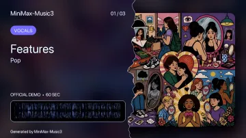 Интерфейс генератора MiniMax-Music3: визуализация поп-трека с вокалом и волновой формой аудио
