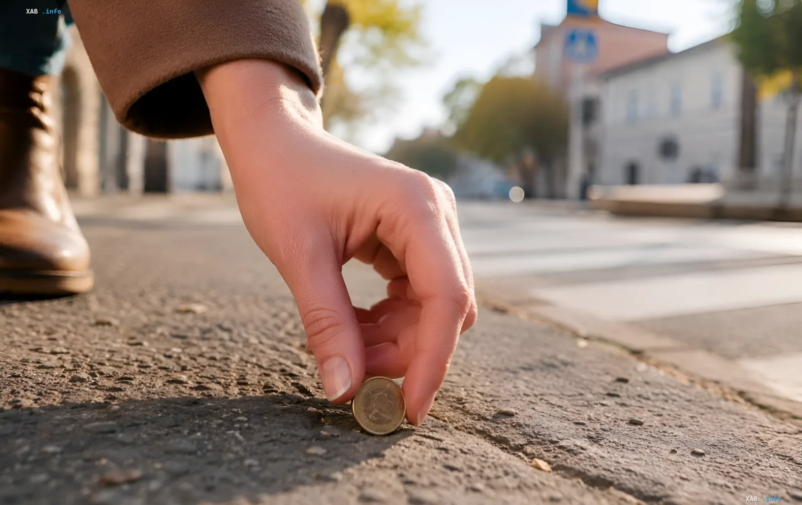 Женская рука поднимает монету с асфальта — иллюстрация к статье о суевериях и реальной опасности найденных денег на улице