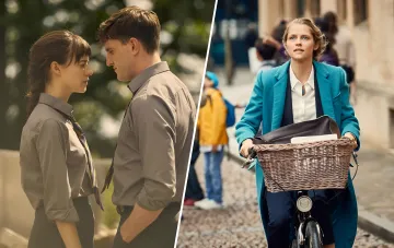 Кадры из сериалов для осеннего просмотра 2026: романтическая драма и стильная героиня на велосипеде