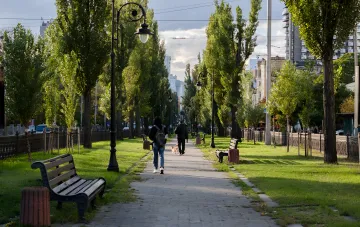 Прогулка по парку в солнечный августовский день: люди гуляют по аллее, окружённой зелёными деревьями, что иллюстрирует прогноз погоды на вторую половину августа 2026 года от синоптика Ивана Семилита