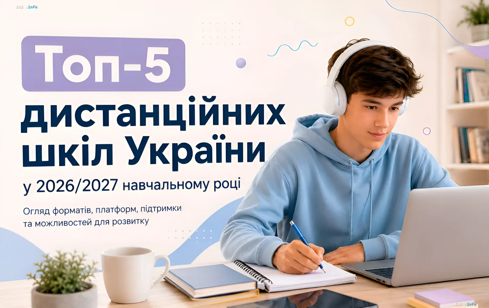 Teenager mit Kopfhörern lernt am Laptop — Illustration für die Top-5-Online-Schulen in der Ukraine für das Schuljahr 2026/2027
