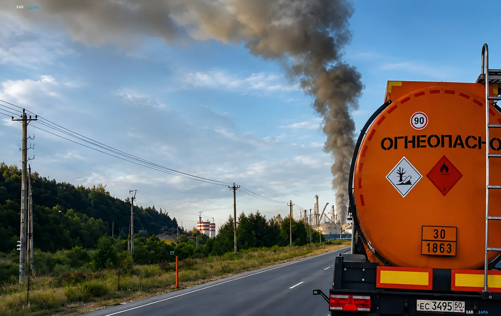 Schwarzer Rauch von einem Brand am Petrochemie-Werk in Ust-Luga nach Drohnenangriff, gesehen von der Straße mit Gefahrgut-Tankwagen im Vordergrund