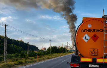 Schwarzer Rauch von einem Brand am Petrochemie-Werk in Ust-Luga nach Drohnenangriff, gesehen von der Straße mit Gefahrgut-Tankwagen im Vordergrund