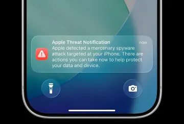 Уведомление Apple Threat Notification на экране iPhone о выявленной атаке шпионским ПО намеренного характера