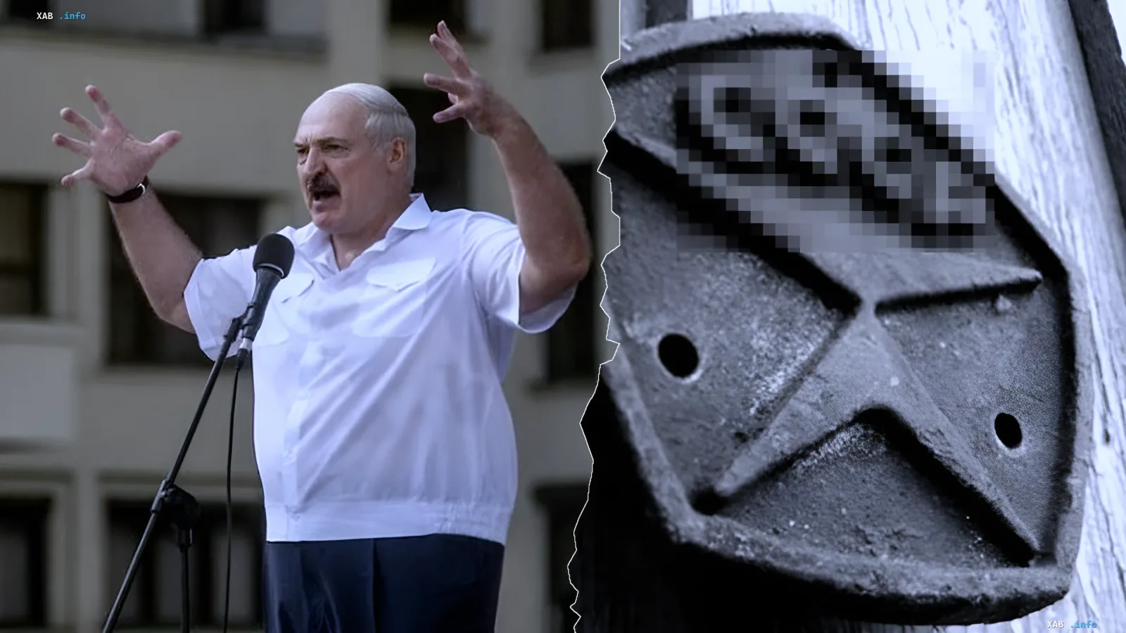 Alexander Lukashenko delivers a speech against the backdrop of a symbol of Belarusian identity