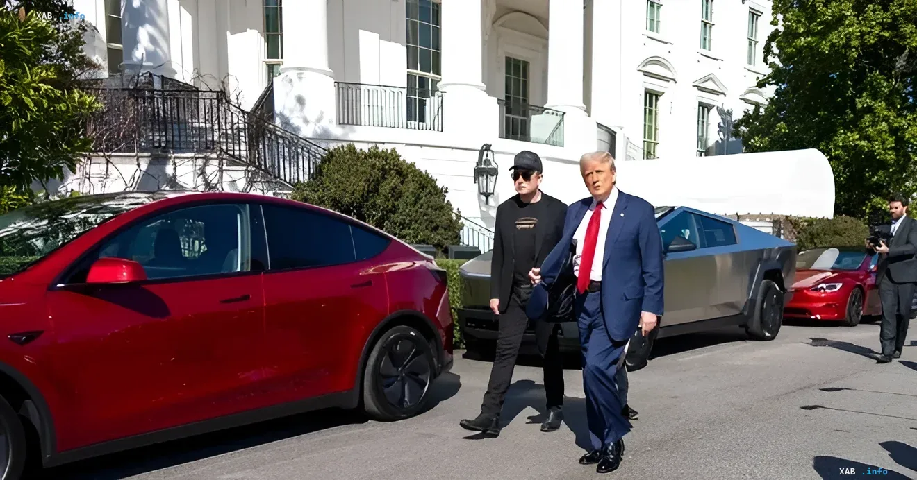 Илон Маск и Дональд Трамп идут рядом у Белого дома с автомобилями Tesla на фоне, символизируя их новое партнерство.