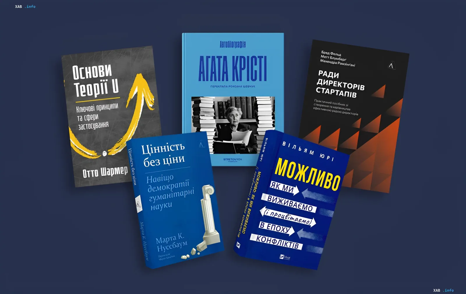 Collection of 2026 non-fiction books: Agatha Christie autobiography, startup philosophy, Theory U, and humanities in Ukrainian