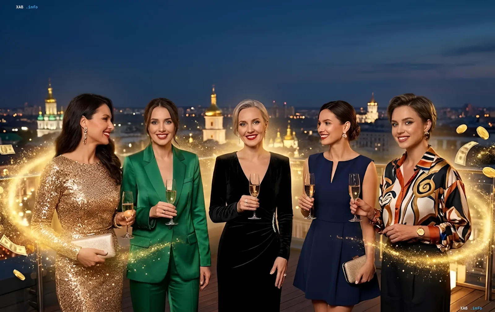 Fünf erfolgreiche Frauen in Abendkleidern mit Champagnergläsern vor einer nächtlichen Stadtsilhouette, umgeben von schwebenden Goldmünzen und leuchtenden Partikeln – Symbol für Reichtum und Erfolg, verbunden mit weiblichen Namen im Jahr 2026