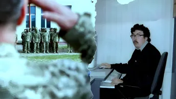 Ministry of Digital Affairs employee working on a computer processing data, with a group of soldiers in the background symbolizing automatic cancellation of deferment upon dismissal
