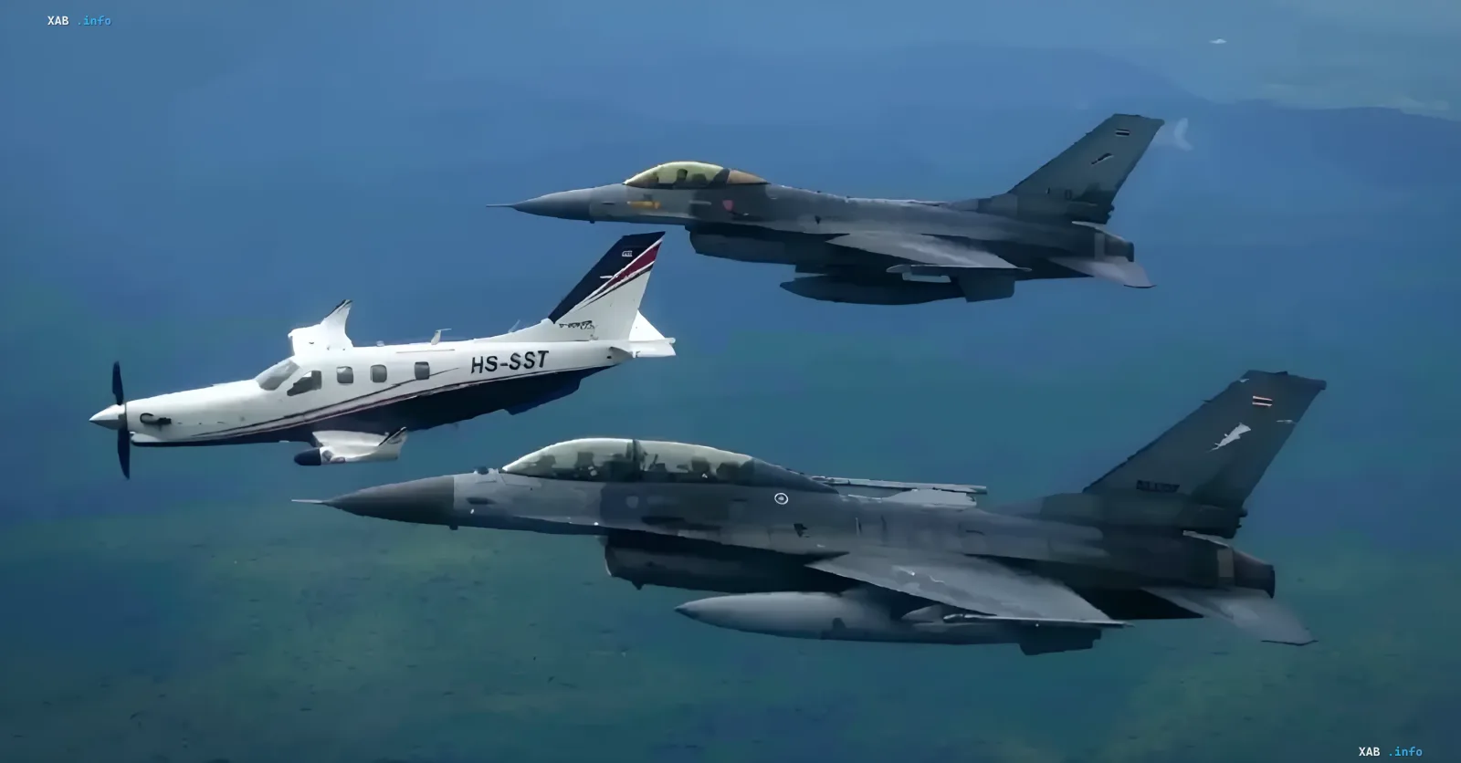 Thai Prime Minister Anutin Charnvirakul in personal aircraft HS-SST escorted by two F-16 fighter jets during military exercises