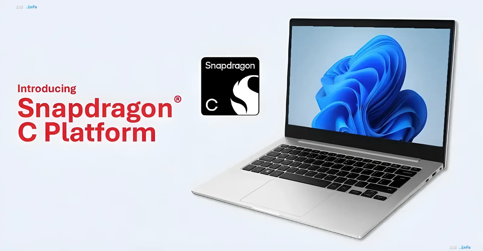 Презентація платформи Snapdragon C від Qualcomm для бюджетних ноутбуків з логотипом та зображенням ноутбука
