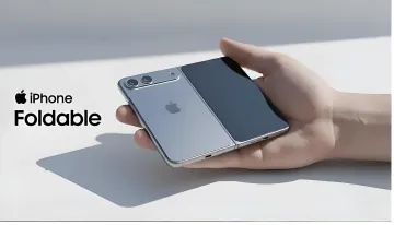 Концепт складного iPhone с логотипом Apple и надписью 'iPhone Foldable', демонстрирующий возможный дизайн будущего устройства
