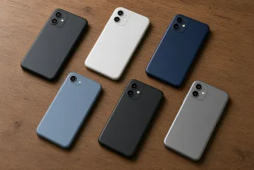 Set of modern smartphones in various colors on a wooden table, illustrating the mobile device market in the context of the disappearance of budget models in the US