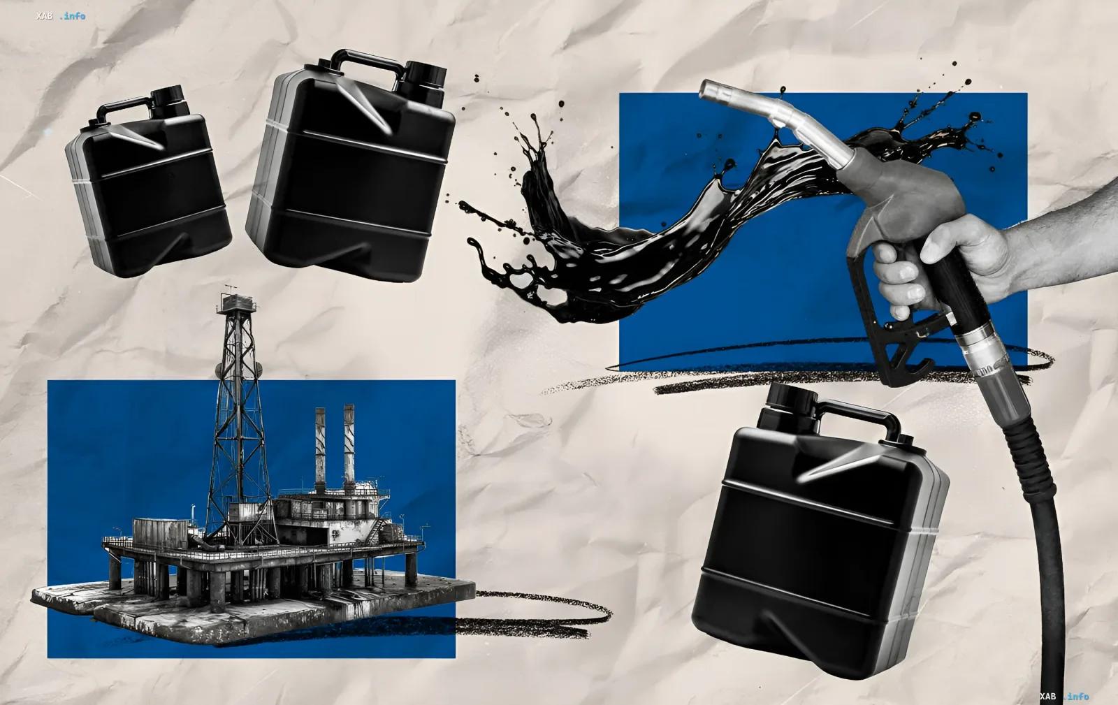 Collage mit Kanistern, Zapfpistole und Ölplattform veranschaulicht die Abschaffung des 100-Hrywnja-Diesels und die wachsende Preislücke zwischen Tankstellen in der Ukraine