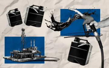 Collage with jerry cans, fuel nozzle and oil rig illustrates cancellation of 100 UAH diesel subsidy and growing price gap between networks in Ukraine