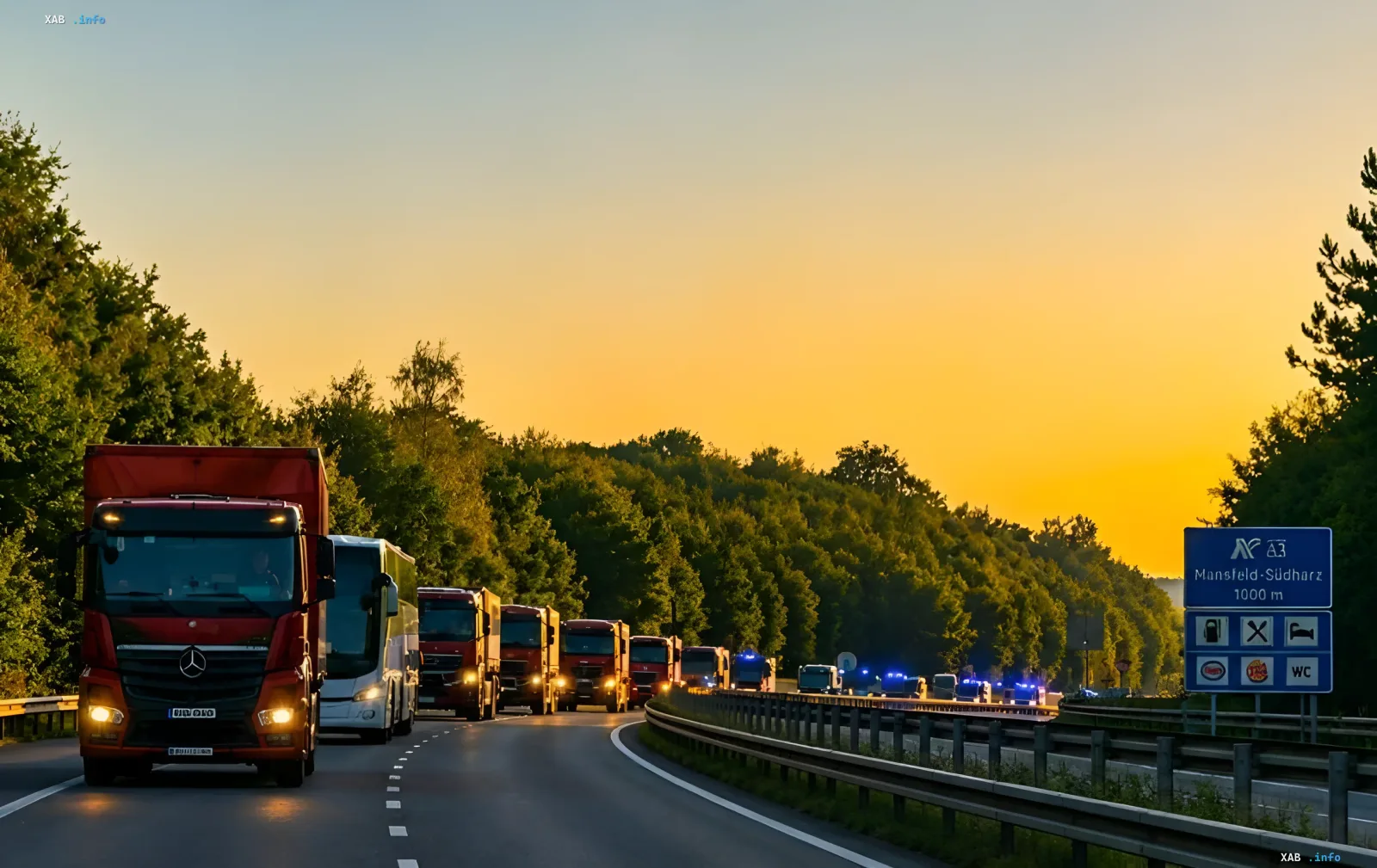 Column of Ukrainian fire trucks returning from France at sunset, symbolizing the successful completion of the mission and the return of heroes with the front in their hearts