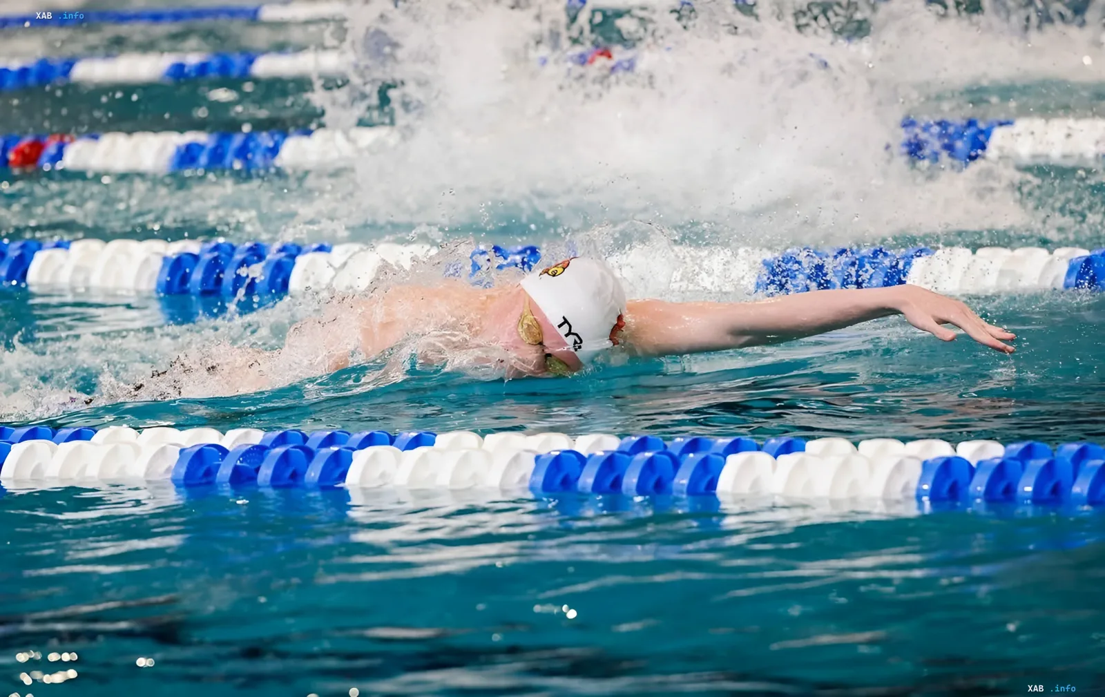 Ukrainian swimmer in white TYR cap swimming freestyle on 50m distance, advancing to Euro 2026 semifinals