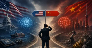 A person stands at a crossroads choosing between the US and China in the AI race, symbolizing the Pax Silica dilemma