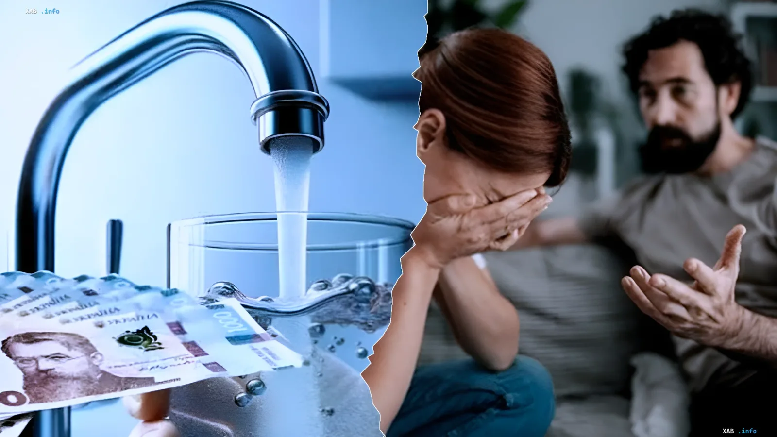 Woman crying from stress over rising water tariffs, man gesturing in argument; foreground shows water from tap and Ukrainian hryvnia bills, symbolizing financial loss